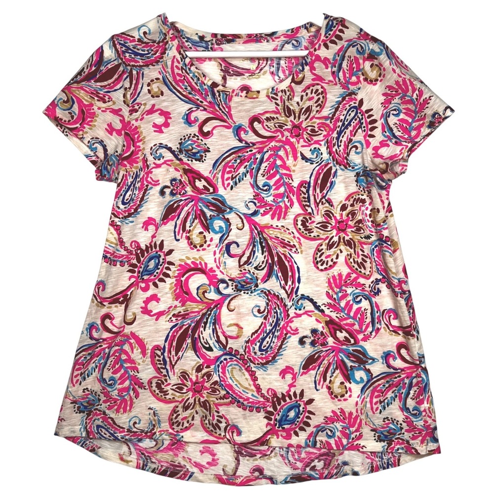 Lilly Pulitzer Etta Top Women Large Pink Paisley Short Sleeve Slub Knit FLAW